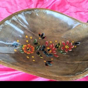 Vintade Hand Painted Lacquer Oblong Wooden Bowl Mexican
